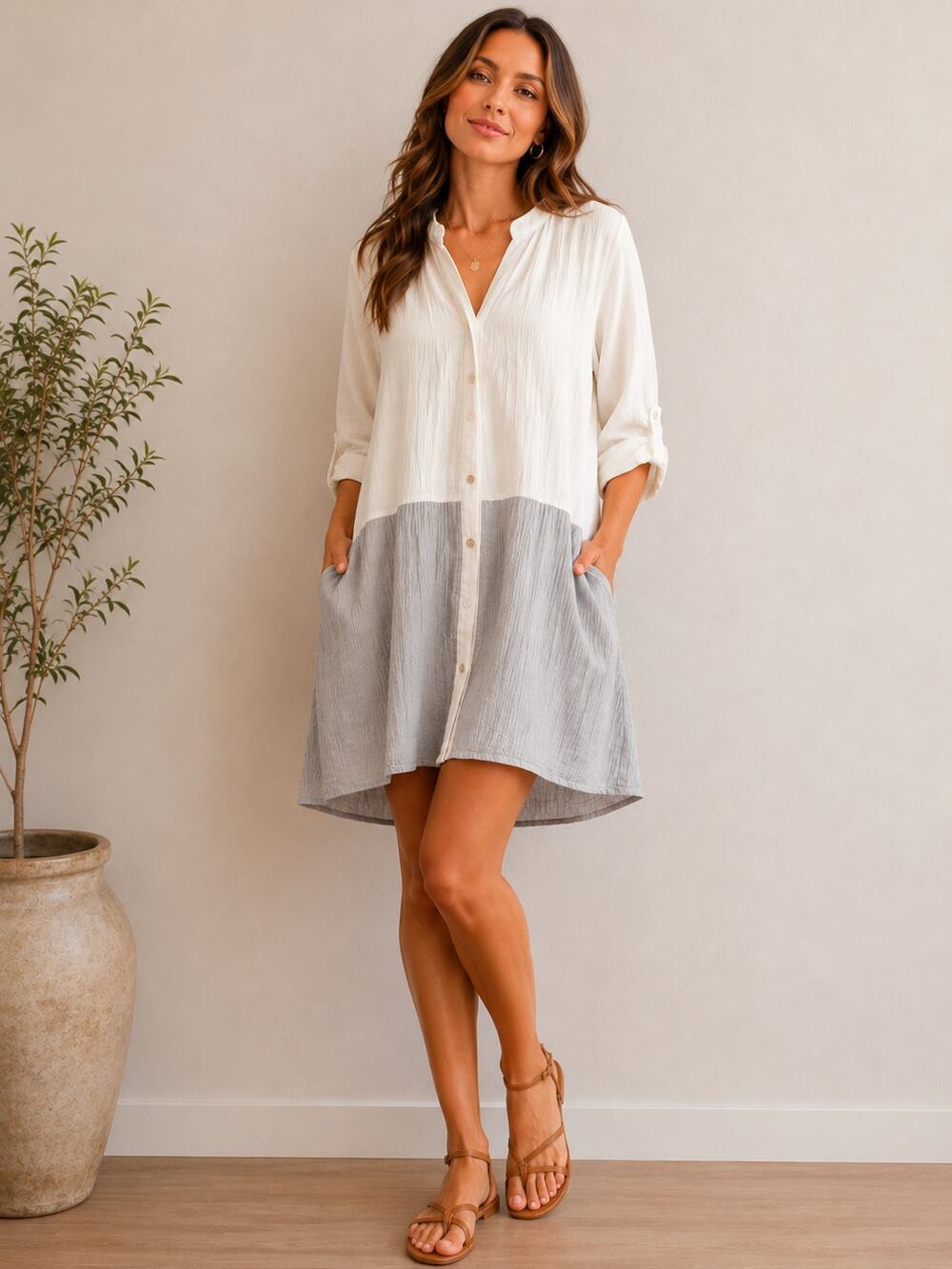 Women’s White Gray Mixed Media Button Front Dress Size L Pockets
